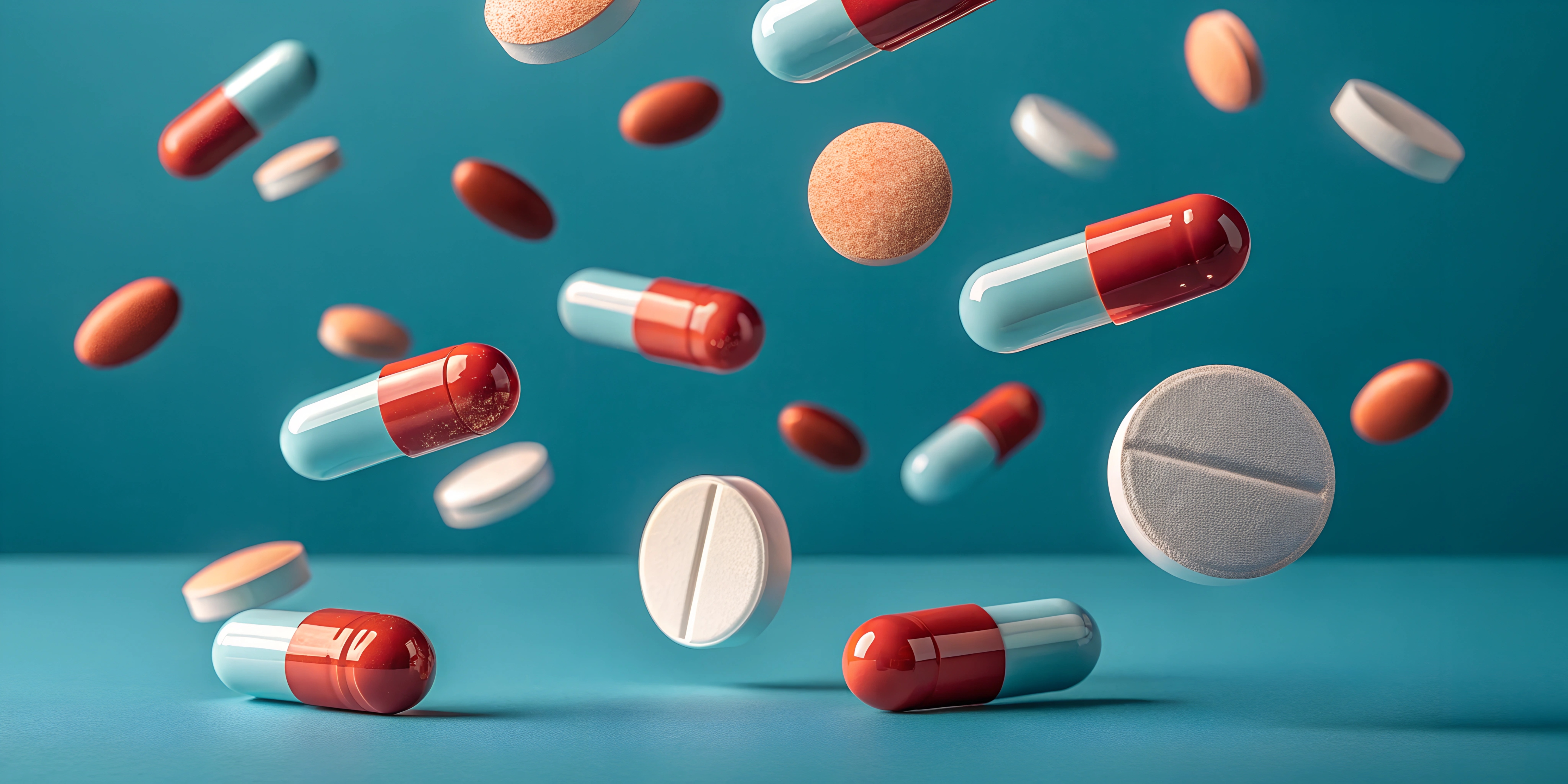 Various types of pills and capsules floating in midair against a teal background