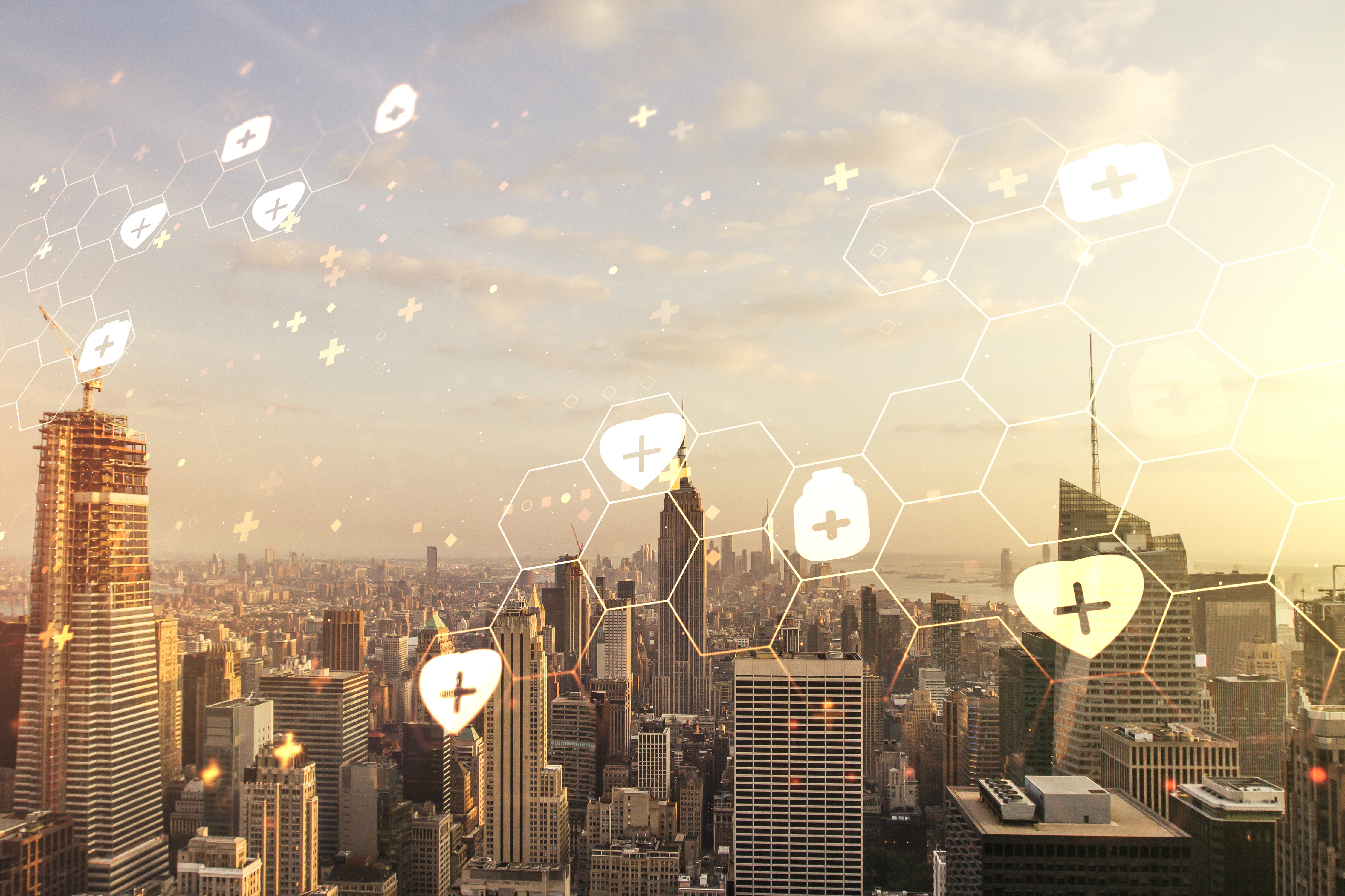 Abstract virtual medical hologram on New York cityscape background