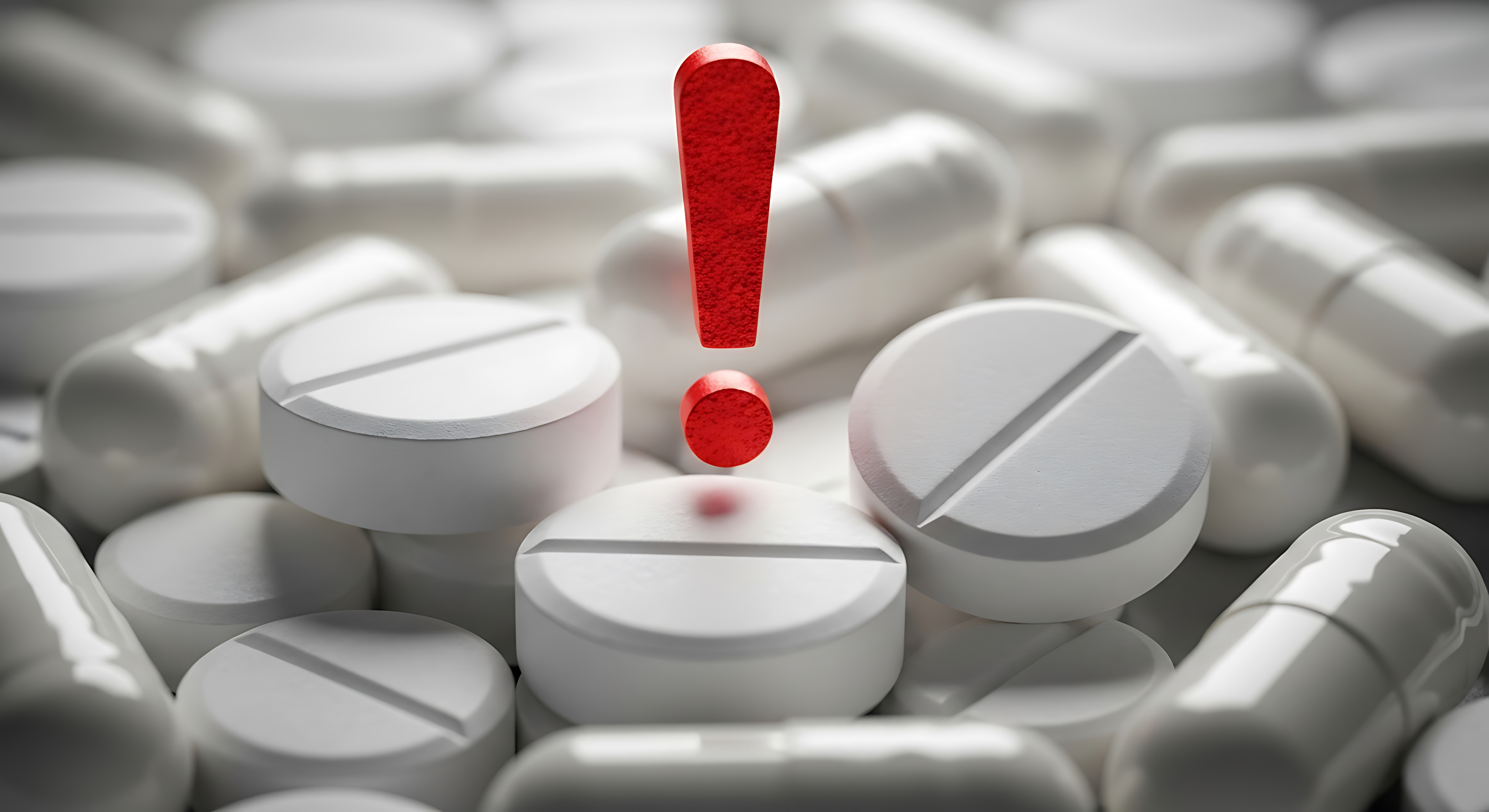 Warning sign with pharmaceutical pills emphasizes medical risk and medication caution