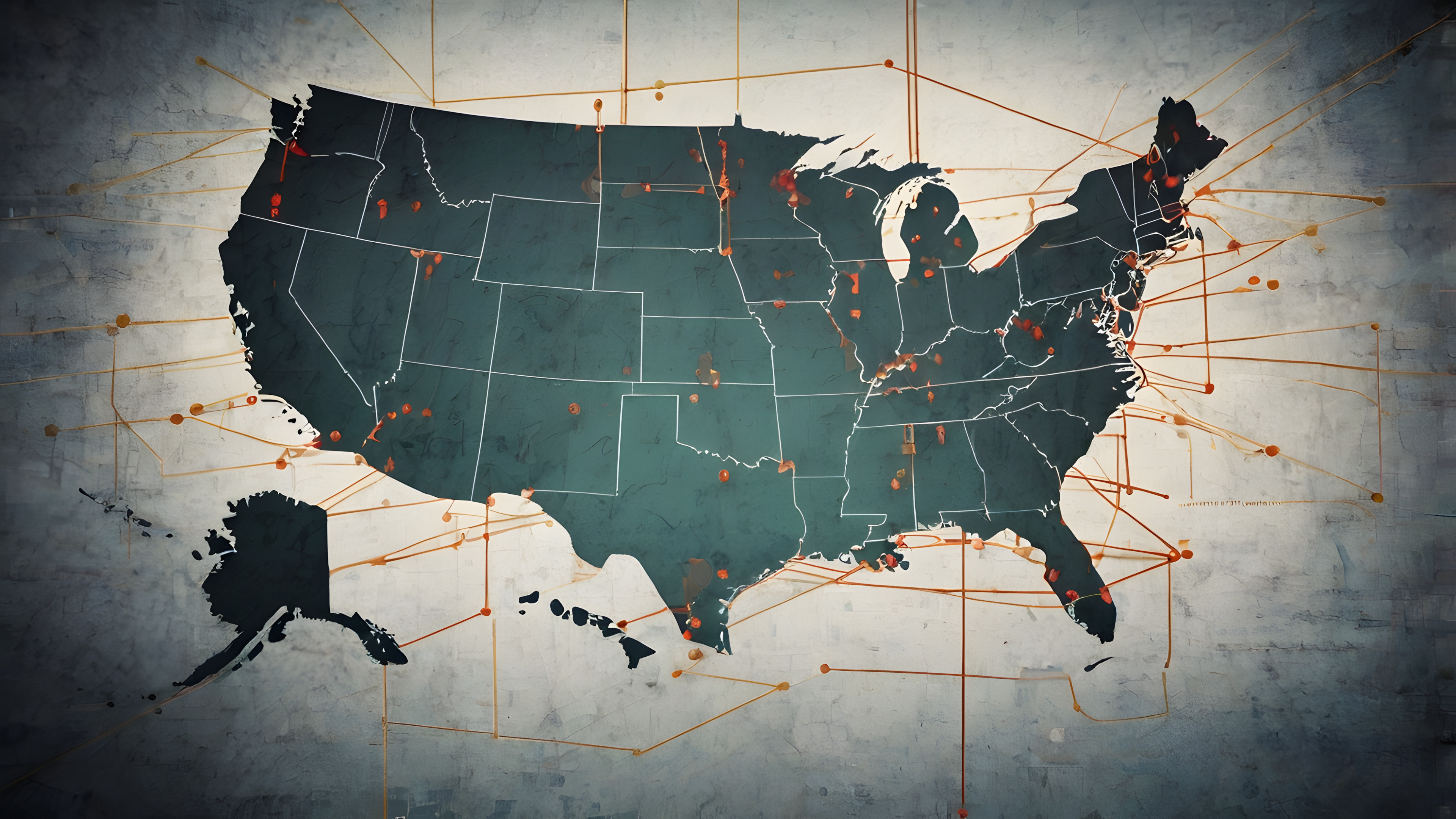 Map of United States highlighting various lines from state to state