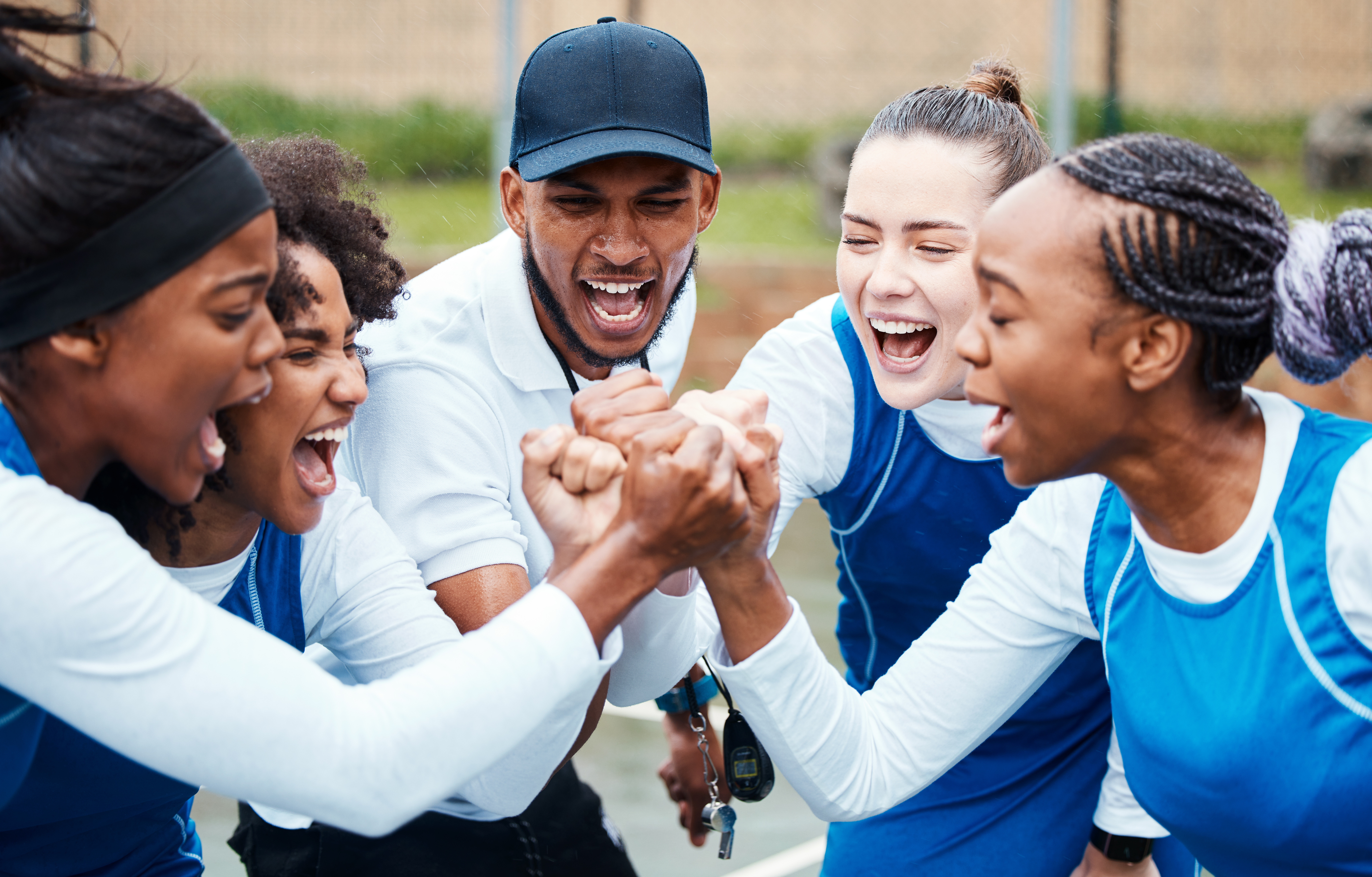 Teamwork, fitness coach or group of excited athlete girls with pride or solidarity together