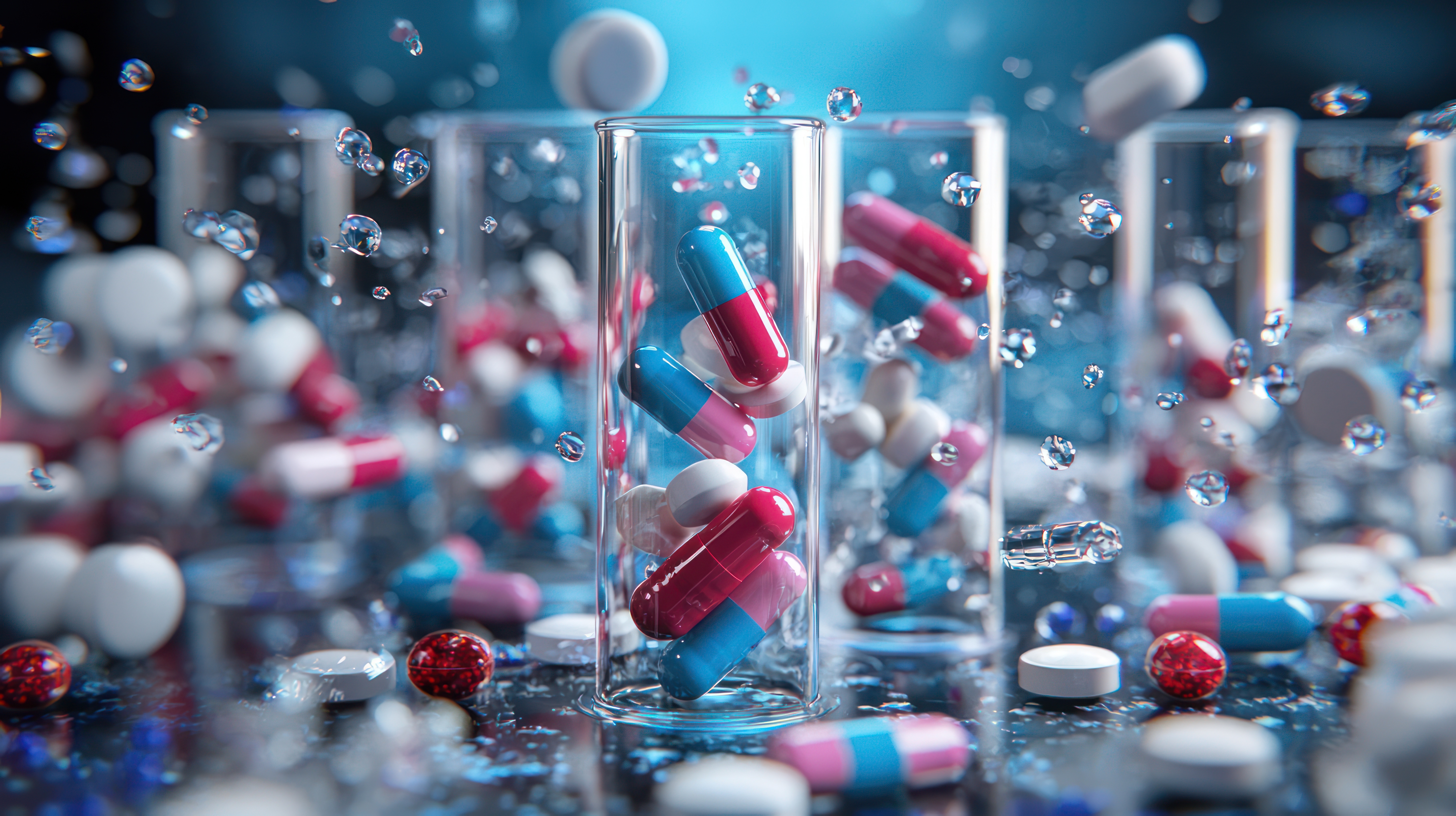 Capsules floating behind clear glass vials