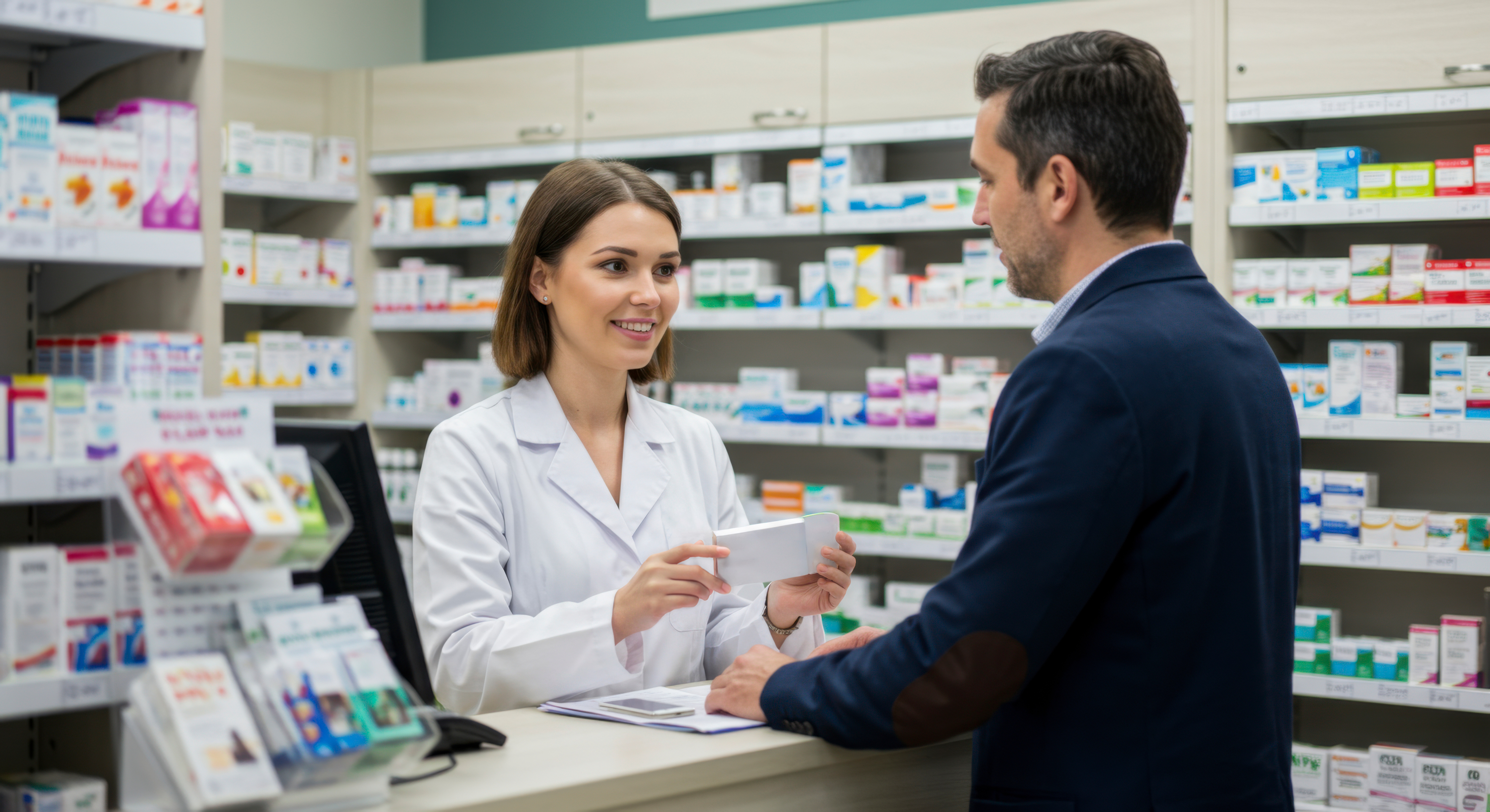Pharmacy consultation local drugstore service interaction professional environment customer perspective healthcare guidance for effective medication management