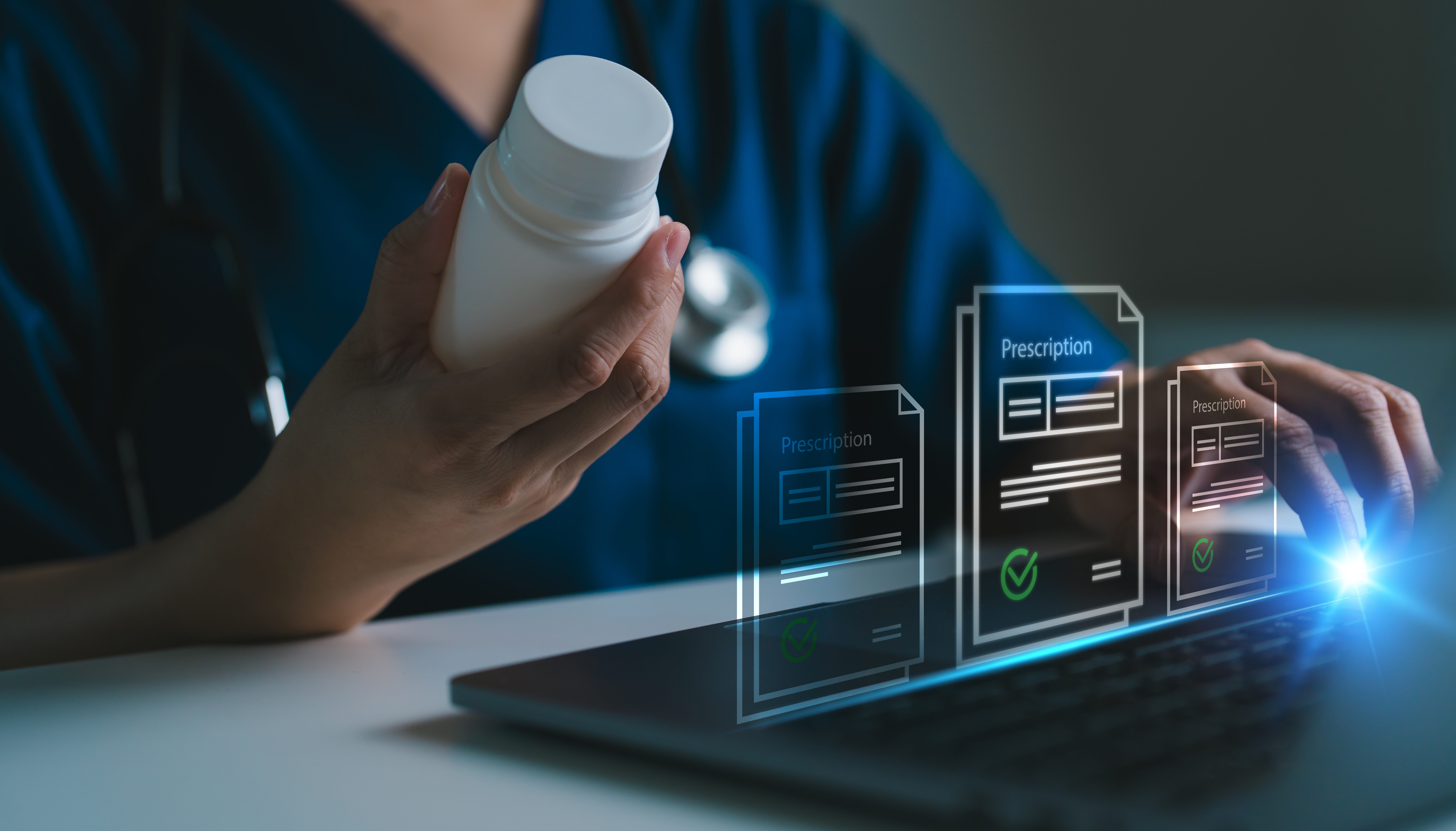 Doctor holding medicine bottle and using laptop with digital prescription icons, e-healthcare, e-prescription, digital healthcare, wellness, telemedicine and modern pharmacy solutions
