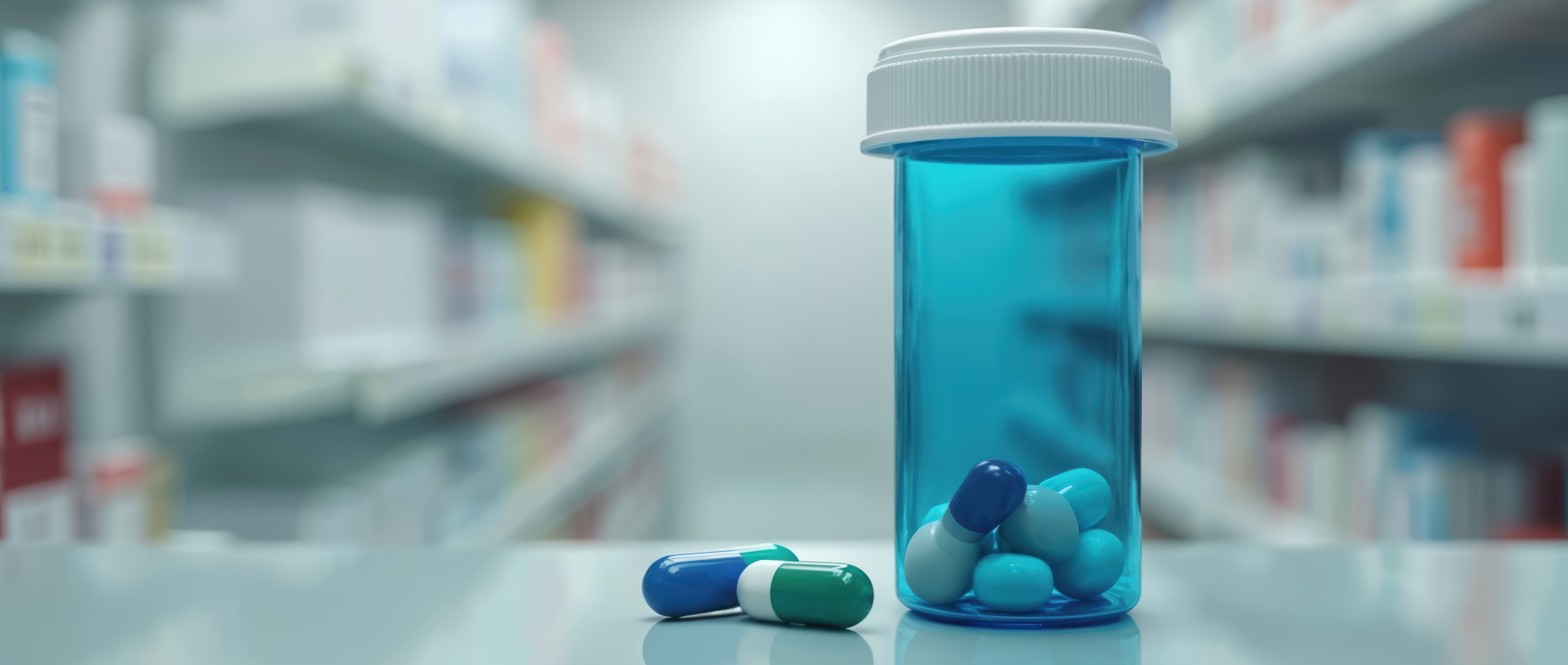 Blue prescription pill bottle with capsules on pharmacy shelf background