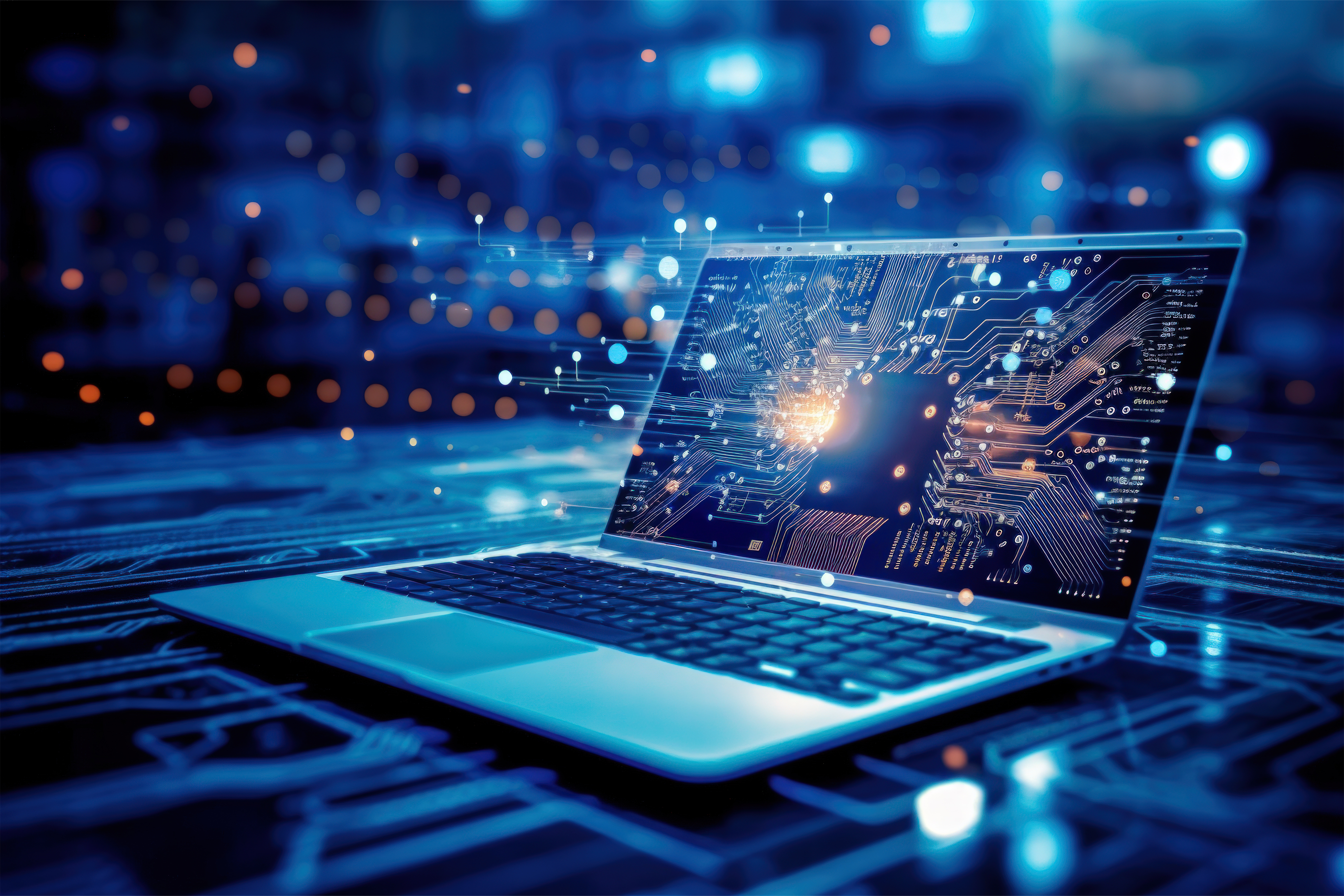 Futuristic illustration about computer technology with a laptop in neon colors. 