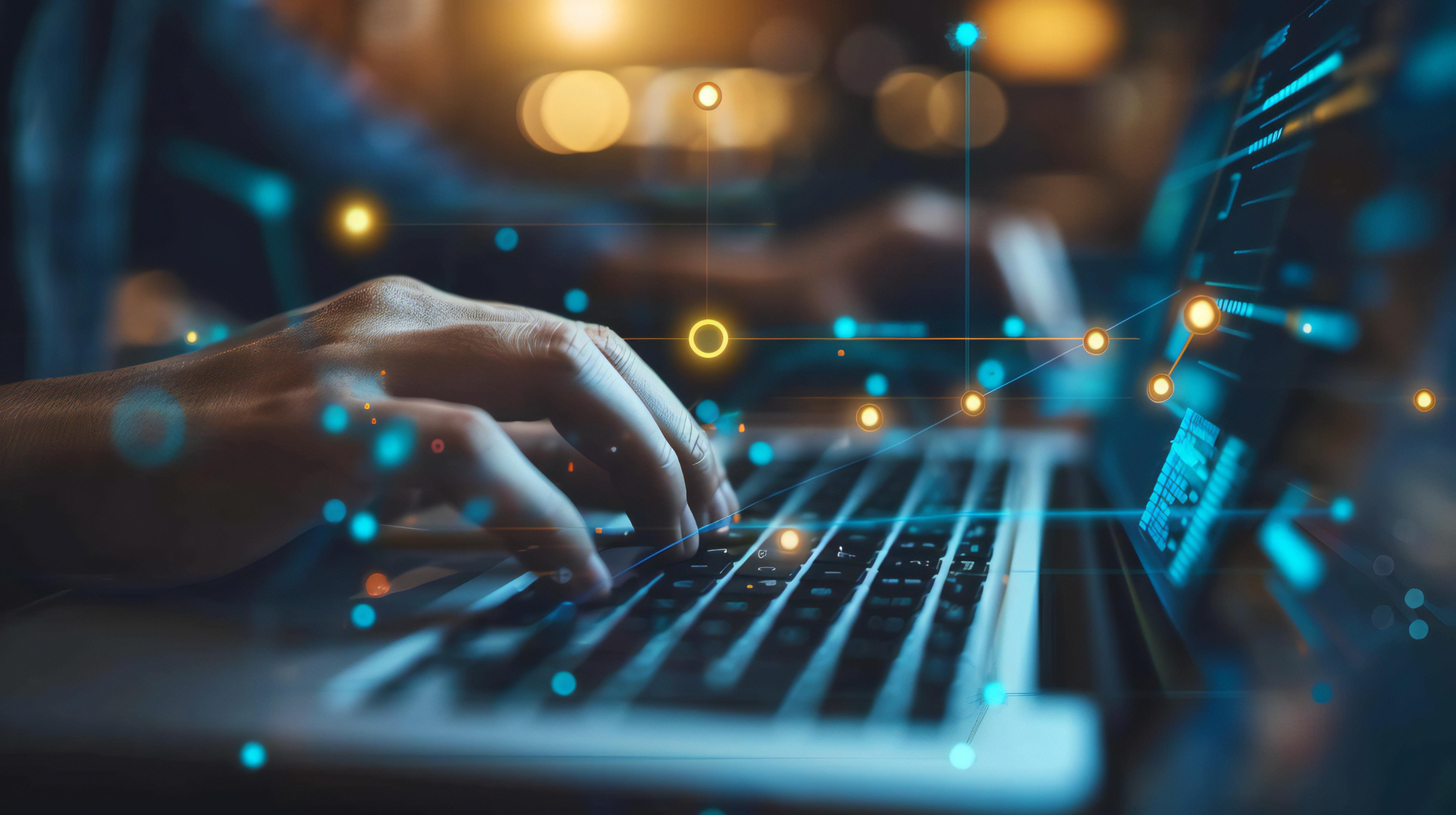 A person is typing on a laptop with a blue screen. Concept of productivity and focus, as the person is engaged in a task on their computer. 