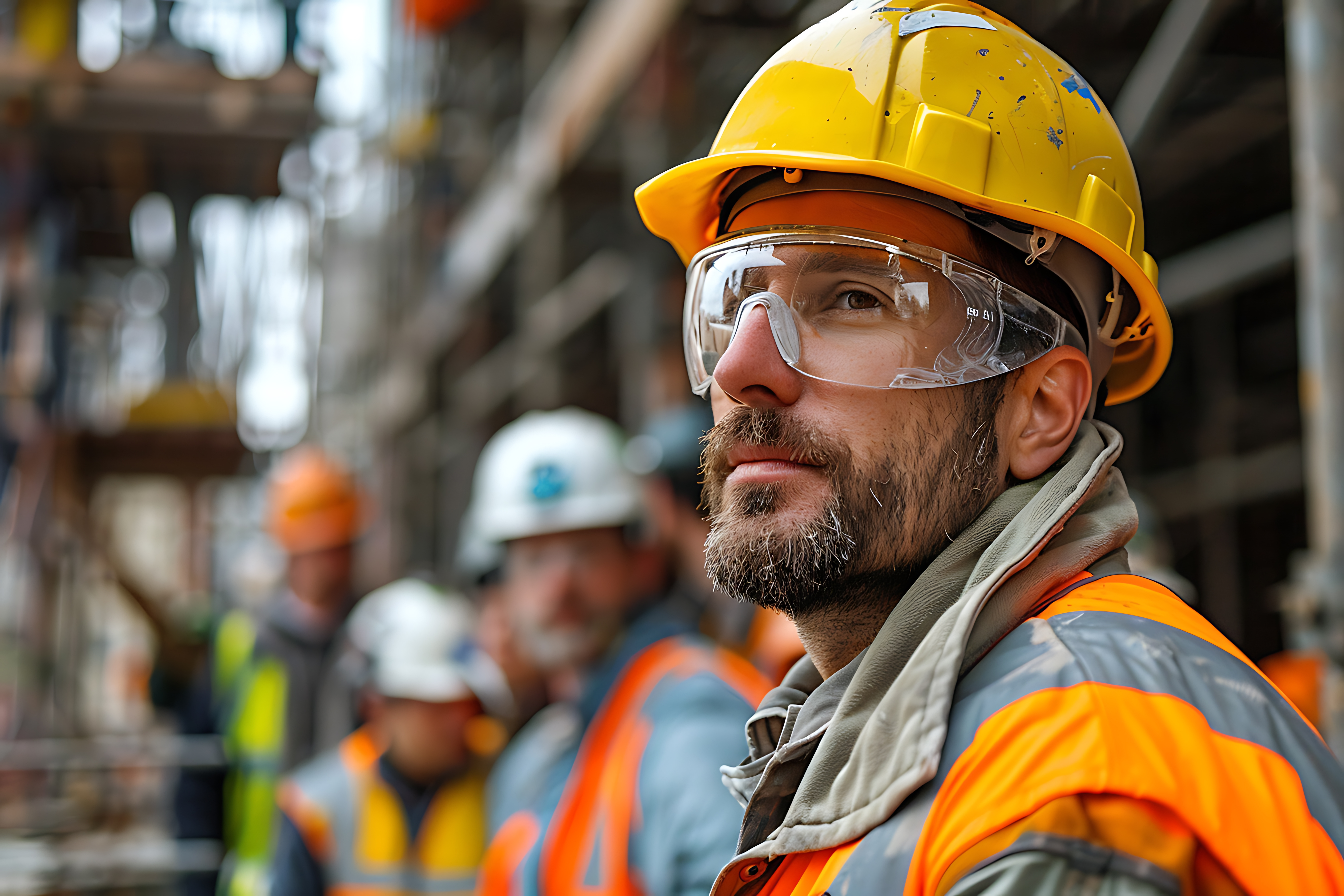 Male construction worker wearing safety goggles and helmet on job site