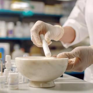 A pharmacist prepares compounded medication using a mortar and pestle