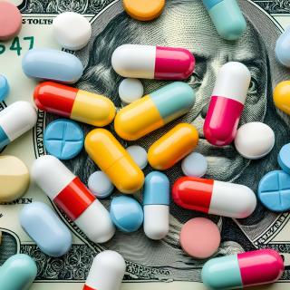 Medical costs and treatment expenses with colorful pills and capsules on US dollar bill for health insurance