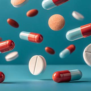 Various types of pills and capsules floating in midair against a teal background