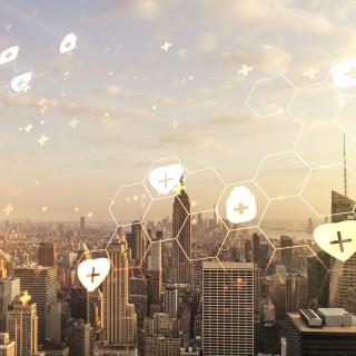 Abstract virtual medical hologram on New York cityscape background