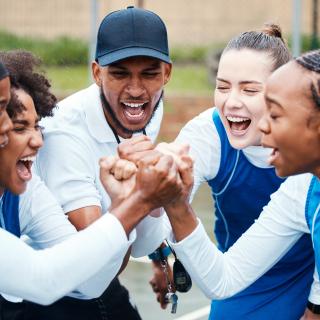 Teamwork, fitness coach or group of excited athlete girls with pride or solidarity together