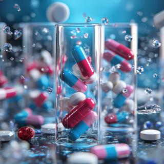 Capsules floating behind clear glass vials