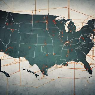 Map of United States highlighting various lines from state to state