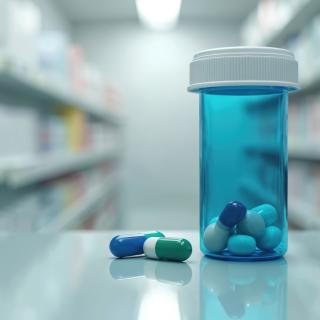 Blue prescription pill bottle with capsules on pharmacy shelf background