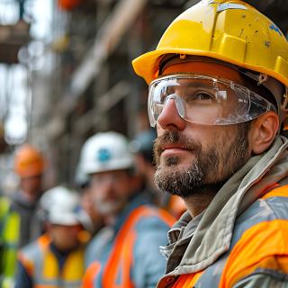 Male construction worker wearing safety goggles and helmet on job site